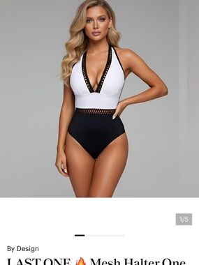 Mesh Halter One Piece Swim Suit Bathing Suit White/Black